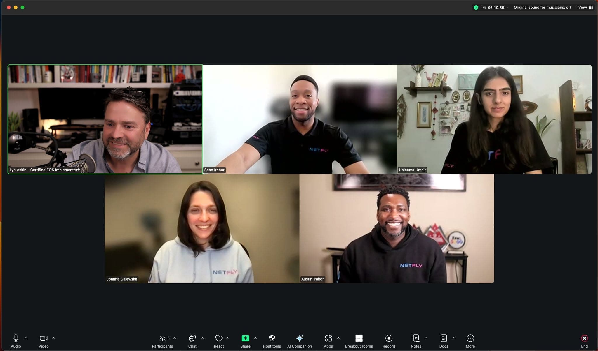 Lyn Askin in a virtual EOS session with the team at NetFly Digital